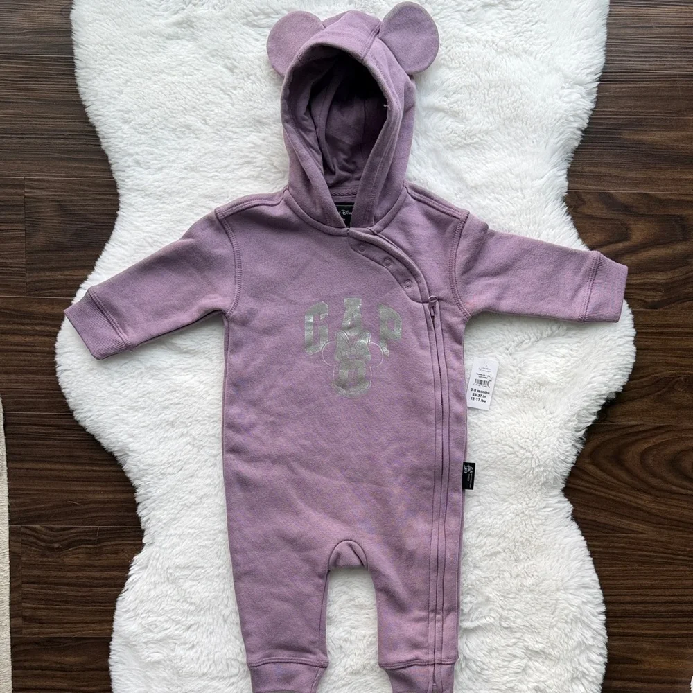 NWT Baby Gap x Disney Minnie Mouse Hooded Fleece Onesie Purple size 3-6 mos